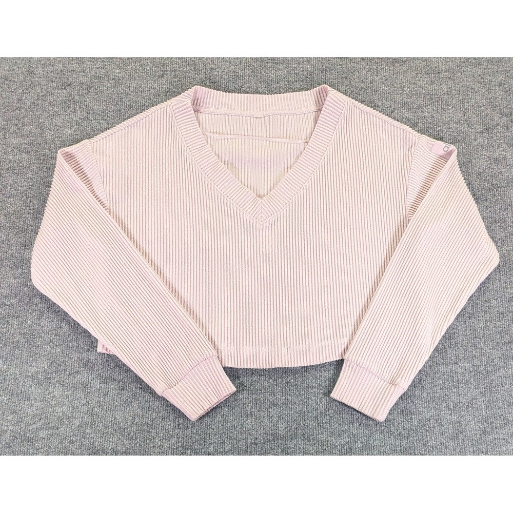 Alo Yoga Muse Ribbed V-Neck Cropped Pullover Sweater Pink Long Sleeve Size Large